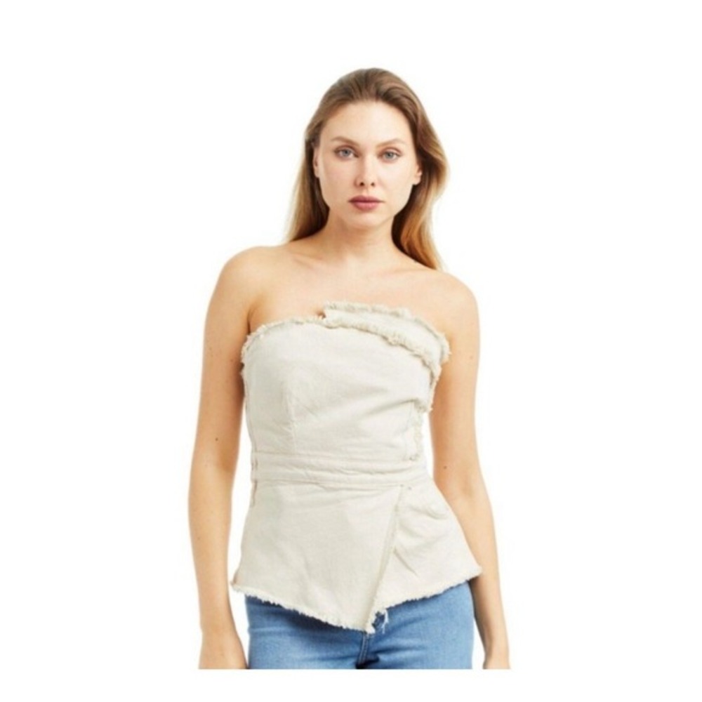 Tractr Denim Strapless Side Zip Corset Top Raw Hem Cream Asymmetrical- Size S‎